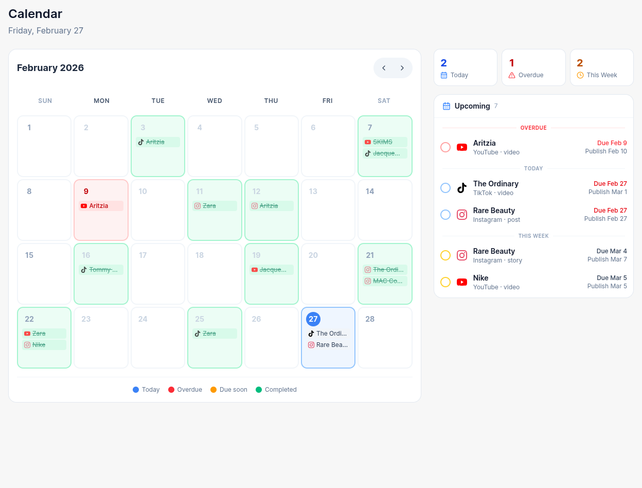 Calendar view with monthly overview and upcoming deliverables
