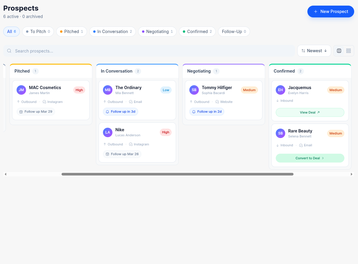 CollabCord desktop prospects board with drag-and-drop Kanban prospect stages