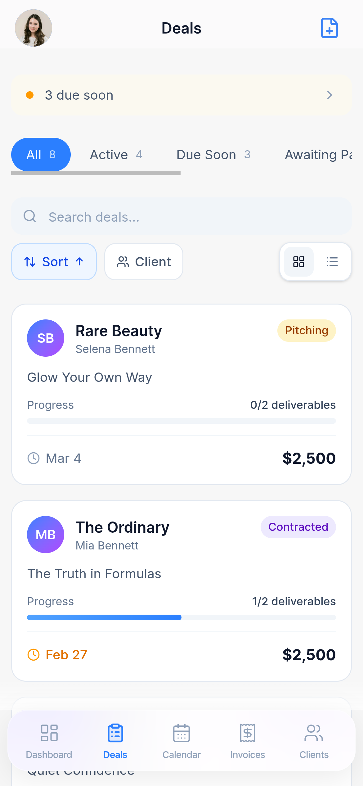 CollabCord mobile deals view with active and upcoming brand deals