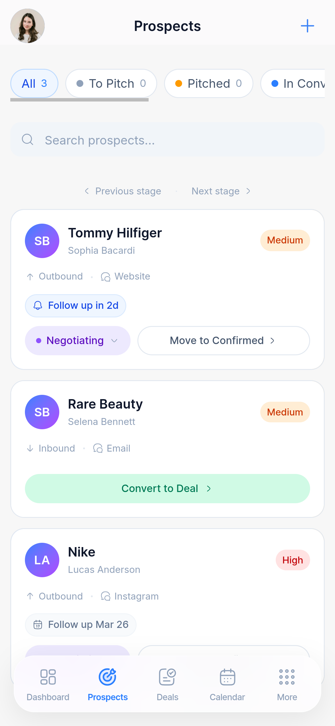 CollabCord mobile prospects view with active and upcoming brand pre-deals